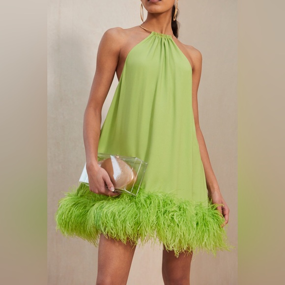 NWT Cult Gaia Reeves Feather Hem Dress in Mantis Green - Picture 5 of 11